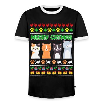 Meowy Christmas Ugly Christmas Weihnachten - Männer Kontrast-T-Shirt - Schwarz/Weiß - Vorne - AI Model Female 172 light (172cm) & AI Model Male 178 light (178cm)
