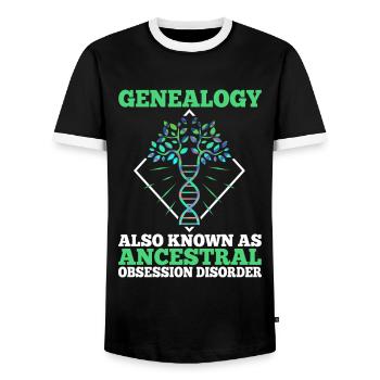 Ancestral obsession disorder - Men's Ringer Shirt - black/white - Front - AI Model Female 172 light (172cm) & AI Model Male 178 light (178cm)