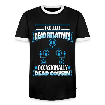 I collect dead relatives and occasionally a live - Men's Ringer Shirt - black/white - Front - AI Model Female 172 light (172cm) & AI Model Male 178 light (178cm)