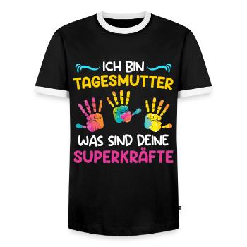 Quels sont vos superpouvoirs ? Je suis assistante maternelle - T-shirt contrasté Homme - noir/blanc - Devant - AI Model Female 172 light (172cm) & AI Model Male 178 light (178cm)