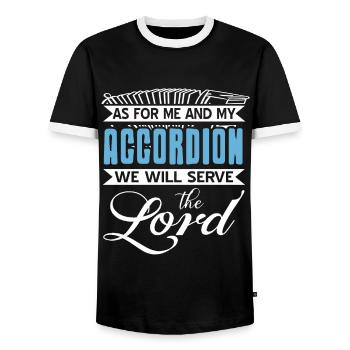 Quant à moi et à mon accordéon, nous servirons le seigneur - T-shirt contrasté Homme - noir/blanc - Devant - AI Model Female 172 light (172cm) & AI Model Male 178 light (178cm)