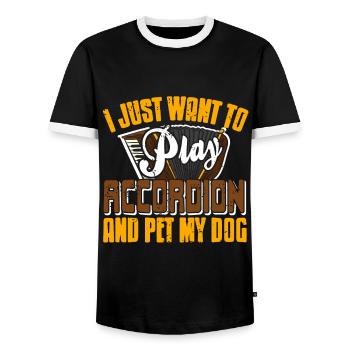 Je veux juste jouer de l’accordéon et caresser mon chien - T-shirt contrasté Homme - noir/blanc - Devant - AI Model Female 172 light (172cm) & AI Model Male 178 light (178cm)