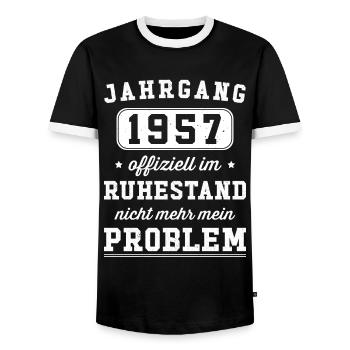 Rentner Ruhestand Rente 2023 Jahrgang 1957 - Männer Kontrast-T-Shirt - Schwarz/Weiß - Vorne - AI Model Female 172 light (172cm) & AI Model Male 178 light (178cm)
