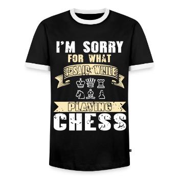 Im sorry for wait i said while playing chess - Men's Ringer Shirt - black/white - Front - AI Model Female 172 light (172cm) & AI Model Male 178 light (178cm)