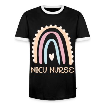 NICU Nurse - Rainbow Heart - Men's Ringer Shirt - black/white - Front - AI Model Female 172 light (172cm) & AI Model Male 178 light (178cm)