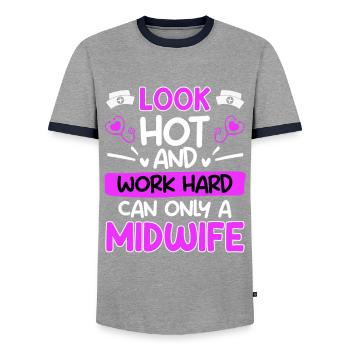 Seule une sage-femme peut travailler dur et bien paraître - T-shirt contrasté Homme - gris/marine  - Devant - AI Model Female 172 light (172cm) & AI Model Male 178 light (178cm)