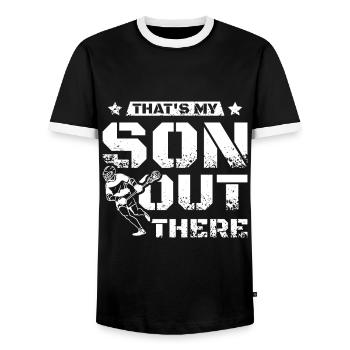 That's my son out there lacrosse - Men's Ringer Shirt - black/white - Front - AI Model Female 172 light (172cm) & AI Model Male 178 light (178cm)