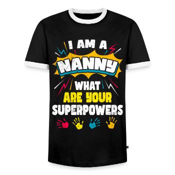 Quels sont vos superpouvoirs ? Je suis assistante maternelle - T-shirt contrasté Homme - noir/blanc - Devant - AI Model Female 172 light (172cm) & AI Model Male 178 light (178cm)