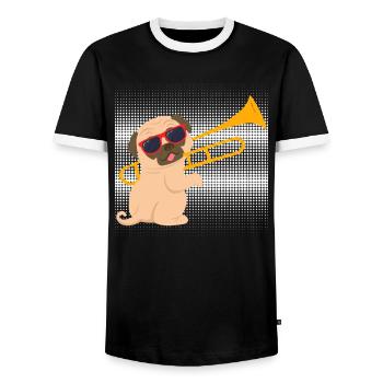 Musician with pug dog plays trombone - Men's Ringer Shirt - black/white - Front - AI Model Female 172 light (172cm) & AI Model Male 178 light (178cm)