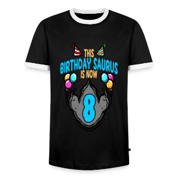 This Saurus Is 8 Dinosaur Footprint Birthday - Men's Ringer Shirt - black/white - Front - AI Model Female 172 light (172cm) & AI Model Male 178 light (178cm)