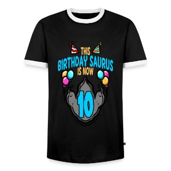 This Saurus Is 10 Dinosaur Footprint Birthday - Men's Ringer Shirt - black/white - Front - AI Model Female 172 light (172cm) & AI Model Male 178 light (178cm)