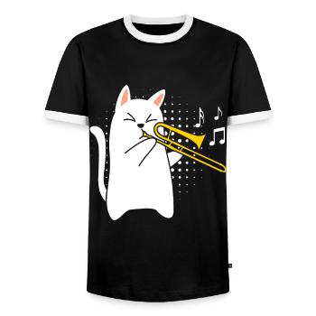 Musicien avec chat joue du trombone - T-shirt contrasté Homme - noir/blanc - Devant - AI Model Female 172 light (172cm) & AI Model Male 178 light (178cm)