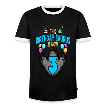 This Saurus Is 3 Dinosaur Footprint Birthday - Men's Ringer Shirt - black/white - Front - AI Model Female 172 light (172cm) & AI Model Male 178 light (178cm)