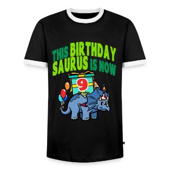 This Birthday Saurus Is Now 9 Dinosaur - Men's Ringer Shirt - black/white - Front - AI Model Female 172 light (172cm) & AI Model Male 178 light (178cm)