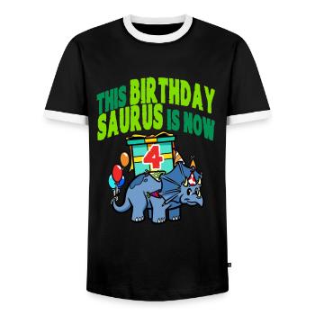 This Birthday Saurus Is Now 4 Dinosaur - Men's Ringer Shirt - black/white - Front - AI Model Female 172 light (172cm) & AI Model Male 178 light (178cm)