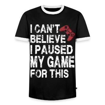 Ich kann nicht glauben, dass ich mein Spiel für dieses lustige Spiel pausiert habe - Männer Kontrast-T-Shirt - Schwarz/Weiß - Vorne - AI Model Female 172 light (172cm) & AI Model Male 178 light (178cm)