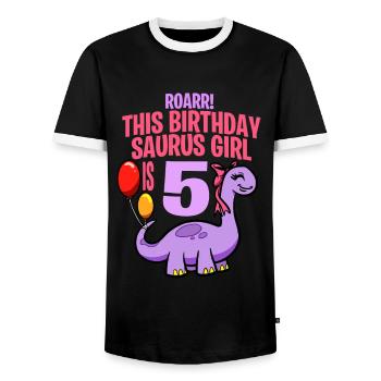 This Birthday Saurus Girl Is 5 Dinosaur - Men's Ringer Shirt - black/white - Front - AI Model Female 172 light (172cm) & AI Model Male 178 light (178cm)