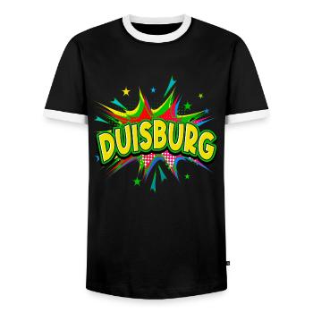 Duisburg Germany City Pop Art Comic Art - Men's Ringer Shirt - black/white - Front - AI Model Female 172 light (172cm) & AI Model Male 178 light (178cm)
