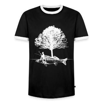 Angler outfit for fishing and fishing, fish - Men's Ringer Shirt - black/white - Front - AI Model Female 172 light (172cm) & AI Model Male 178 light (178cm)