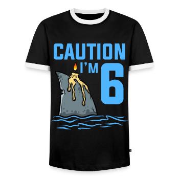Sea Animals Birthday Kids Shark 6th Birthday - Men's Ringer Shirt - black/white - Front - AI Model Female 172 light (172cm) & AI Model Male 178 light (178cm)