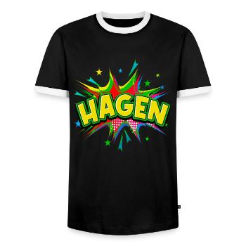 Hagen Germany City Pop Art Comic Art - Men's Ringer Shirt - black/white - Front - AI Model Female 172 light (172cm) & AI Model Male 178 light (178cm)