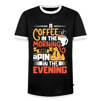 A coffee in the morning - arm wrestling - Men's Ringer Shirt - black/white - Front - AI Model Female 172 light (172cm) & AI Model Male 178 light (178cm)
