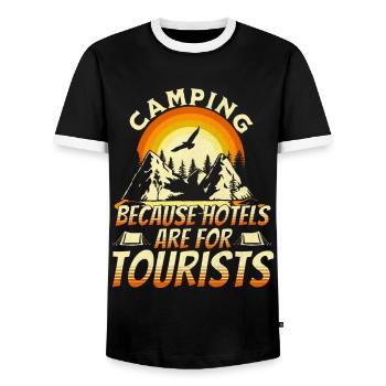 Camping because hotels are for tourists - Men's Ringer Shirt - black/white - Front - AI Model Female 172 light (172cm) & AI Model Male 178 light (178cm)