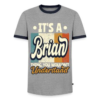Nom Brian Cadeau Citation d’anniversaire - T-shirt contrasté Homme - gris/marine  - Devant - AI Model Female 172 light (172cm) & AI Model Male 178 light (178cm)