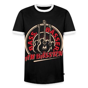 Bassisten, Bassgitarristen Gitarristen Bass - Männer Kontrast-T-Shirt - Schwarz/Weiß - Vorne - AI Model Female 172 light (172cm) & AI Model Male 178 light (178cm)