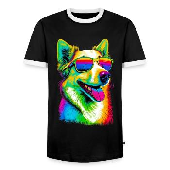 Super Cute Retro Rainbow Summer Corgi Corgeek Art - Men's Ringer Shirt - black/white - Front - AI Model Female 172 light (172cm) & AI Model Male 178 light (178cm)