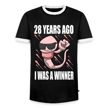 Homme Sperme Anniversaire 28 ans - T-shirt contrasté Homme - noir/blanc - Devant - AI Model Female 172 light (172cm) & AI Model Male 178 light (178cm)