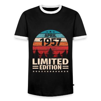66. Geburtstag April Jahrgang 1957 Vintage - Männer Kontrast-T-Shirt - Schwarz/Weiß - Vorne - AI Model Female 172 light (172cm) & AI Model Male 178 light (178cm)