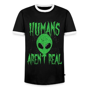 Humans Aren't Real Alien UFO Extraterrestrialanoth - Men's Ringer Shirt - black/white - Front - AI Model Female 172 light (172cm) & AI Model Male 178 light (178cm)