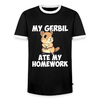 Gerbil ate my homework, gerbil - Men's Ringer Shirt - black/white - Front - AI Model Female 172 light (172cm) & AI Model Male 178 light (178cm)