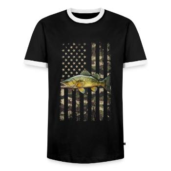 doré jaune drapeau américain, Pêche - T-shirt contrasté Homme - noir/blanc - Devant - AI Model Female 172 light (172cm) & AI Model Male 178 light (178cm)