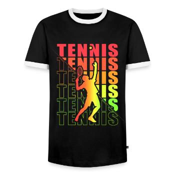 Tennis Bekleidung für Tennisspieler, Fans Coaches - Männer Kontrast-T-Shirt - Schwarz/Weiß - Vorne - AI Model Female 172 light (172cm) & AI Model Male 178 light (178cm)