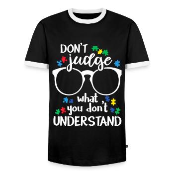 Beurteile nicht, was du nicht verstehst Autismus-bewusst - Männer Kontrast-T-Shirt - Schwarz/Weiß - Vorne - AI Model Female 172 light (172cm) & AI Model Male 178 light (178cm)