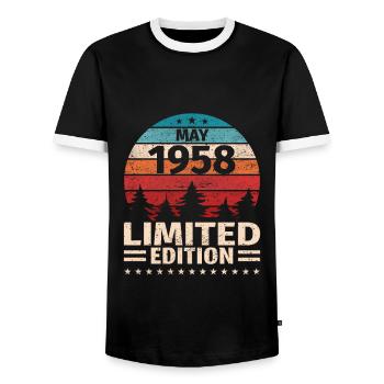 65th Birthday May Vintage 1958 Vintage - Men's Ringer Shirt - black/white - Front - AI Model Female 172 light (172cm) & AI Model Male 178 light (178cm)