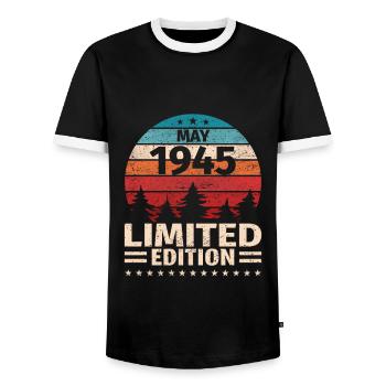 78th Birthday May Vintage 1945 Vintage - Men's Ringer Shirt - black/white - Front - AI Model Female 172 light (172cm) & AI Model Male 178 light (178cm)