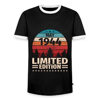 79. Geburtstag Mai Jahrgang 1944 Vintage - Männer Kontrast-T-Shirt - Schwarz/Weiß - Vorne - AI Model Female 172 light (172cm) & AI Model Male 178 light (178cm)