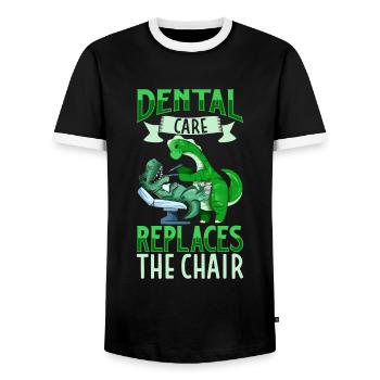 Dental care is important - Dino dentist - Men's Ringer Shirt - black/white - Front - AI Model Female 172 light (172cm) & AI Model Male 178 light (178cm)