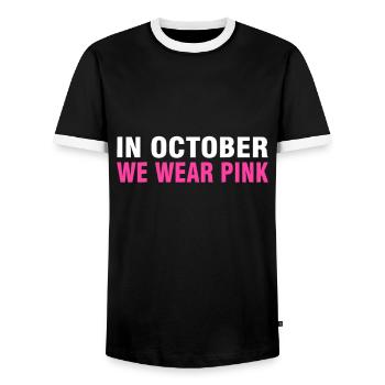 In October We Wear Pink Leopard Breast Cancer Awar - Men's Ringer Shirt - black/white - Front - AI Model Female 172 light (172cm) & AI Model Male 178 light (178cm)
