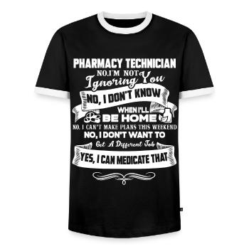 Pharmacy Technician Can Medicate - Men's Ringer Shirt - black/white - Front - AI Model Female 172 light (172cm) & AI Model Male 178 light (178cm)