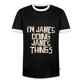 I'm James doing James things - Männer Kontrast-T-Shirt - Schwarz/Weiß - Vorne - AI Model Female 172 light (172cm) & AI Model Male 178 light (178cm)
