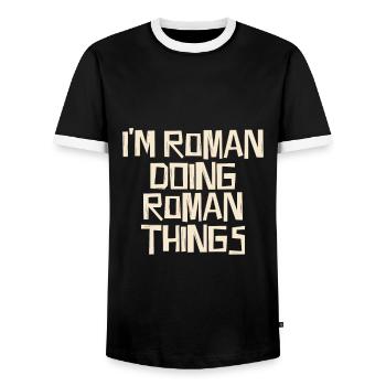 Je suis Roman en train de faire des choses romaines - T-shirt contrasté Homme - noir/blanc - Devant - AI Model Female 172 light (172cm) & AI Model Male 178 light (178cm)