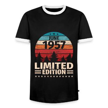 66. Geburtstag Juni Jahrgang 1957 Vintage - Männer Kontrast-T-Shirt - Schwarz/Weiß - Vorne - AI Model Female 172 light (172cm) & AI Model Male 178 light (178cm)