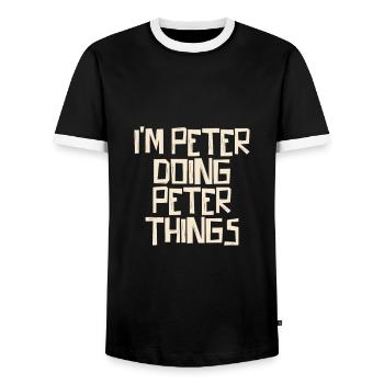 I'm Peter doing Peter things - Men's Ringer Shirt - black/white - Front - AI Model Female 172 light (172cm) & AI Model Male 178 light (178cm)