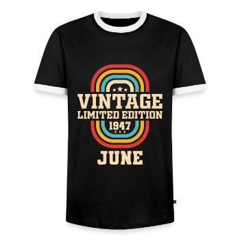 76e anniversaire Juin Millésime 1947 Millésime - T-shirt contrasté Homme - noir/blanc - Devant - AI Model Female 172 light (172cm) & AI Model Male 178 light (178cm)