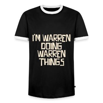 I'm Warren doing Warren things - Men's Ringer Shirt - black/white - Front - AI Model Female 172 light (172cm) & AI Model Male 178 light (178cm)