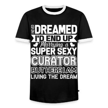 Curator Marrying A Super Sexy Curator - Men's Ringer Shirt - black/white - Front - AI Model Female 172 light (172cm) & AI Model Male 178 light (178cm)